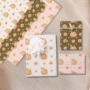 Feuille De Papier Cadeau Chute Florale Citrouille rose orange moderne