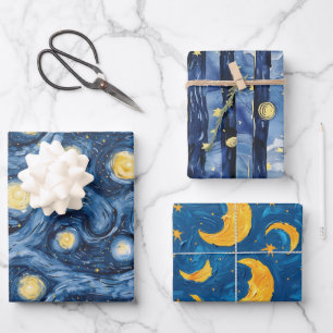 Feuille De Papier Cadeau Ciel de nuit étoilé Lunes Rayures