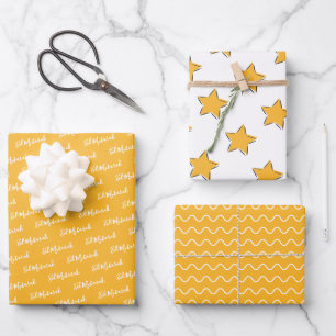 Feuille De Papier Cadeau Citation de Motif Eid Moubarak Kids Yellow Star Wa