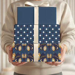 Feuille De Papier Cadeau Citation Motif de l'Aïd Moubarak Enfants Lune bleu