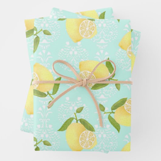 Feuille De Papier Cadeau Citron Motif Aimer bleu (En situation)