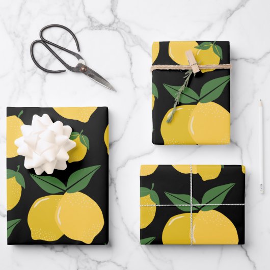 Feuille De Papier Cadeau Citron Motif Fruit Rétro Jaune sur Noir (Recto)