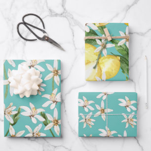 Feuille De Papier Cadeau Citrons d'été et motifs de fleurs sur turquoise