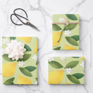 Feuille De Papier Cadeau Citrons et fleurs blanches sur Arrière - plan vert