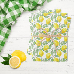 Feuille De Papier Cadeau Citrons jaune blanc vert motif d'été