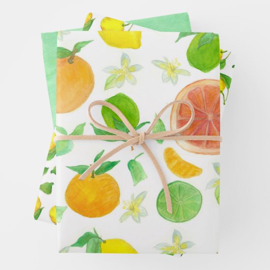 Feuille De Papier Cadeau Citrons Orange Pamplemousse Citrus Lime Vert  (En situation)