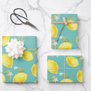 Feuille De Papier Cadeau Citrons rustiques et vert mer