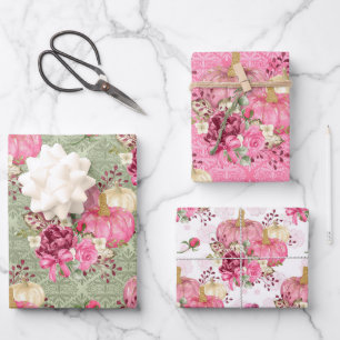 Feuille De Papier Cadeau Citrouille florale rose aquarelle sur motifs damas