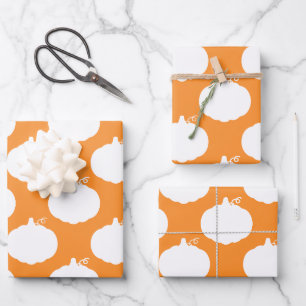 Feuille De Papier Cadeau Citrouille Silhouette Motif Orange Blanc