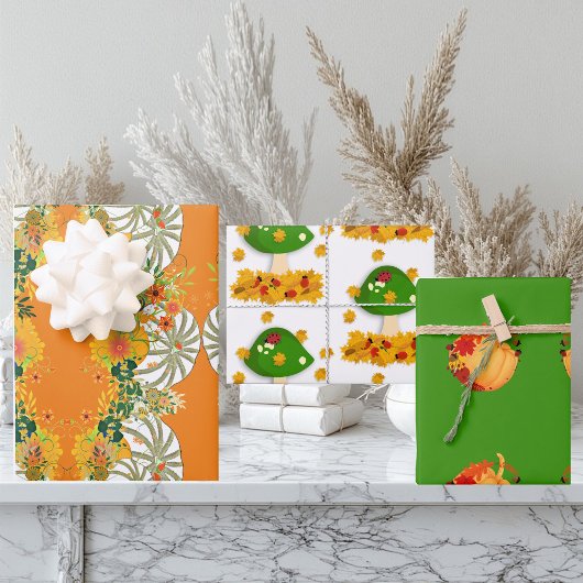 Feuille De Papier Cadeau Citrouilles blancs Chutes Couleurs Tabouret Toadst