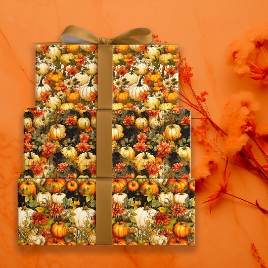 Feuille De Papier Cadeau Citrouilles d'automne et fleurs