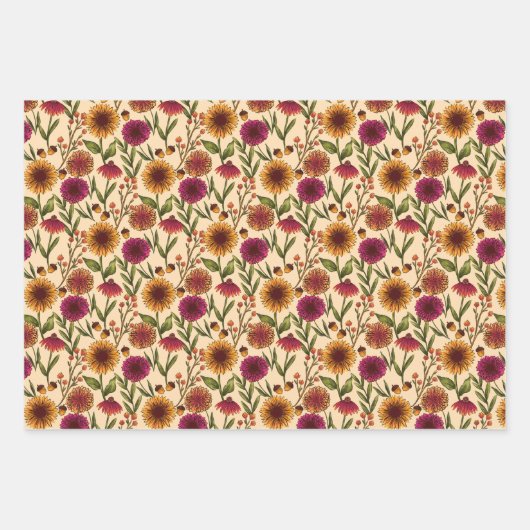 Feuille De Papier Cadeau Citrouilles, tournesols et champignons sur Crème (Devant)