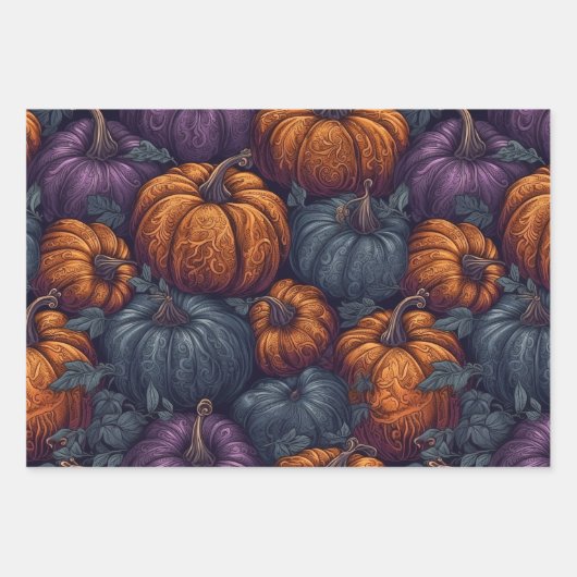 Feuille De Papier Cadeau Citrouilles violet, bleu et orange (Devant)