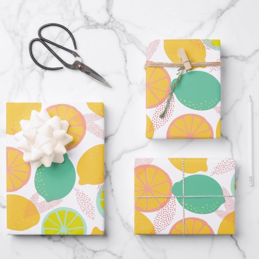 Feuille De Papier Cadeau Citrus citron Motif en Turquoise et Jaune (Recto)