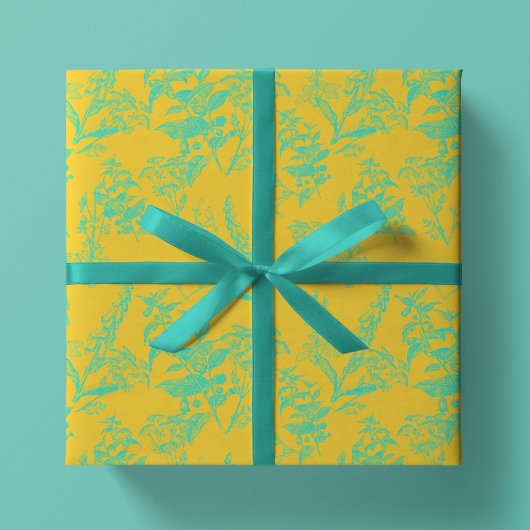 Feuille De Papier Cadeau Clair Neon Jaune & Bleu Fleur sauvage