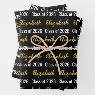 Feuille De Papier Cadeau Classe de 2026 et nom du diplômé Black White Gold