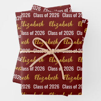 Feuille De Papier Cadeau Classe de 2026 Nom du diplômé Dark Red White Gold