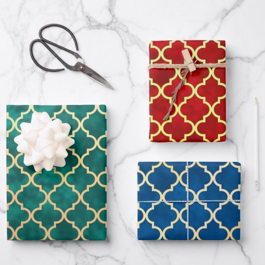 Feuille De Papier Cadeau Classic Quatrefoil Rouge Or Vert Bleu (Recto)