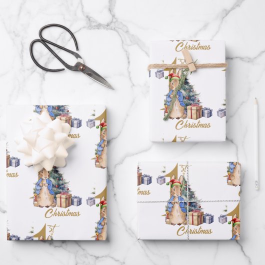 Feuille De Papier Cadeau Classique Premier Noël de lapin (Recto)