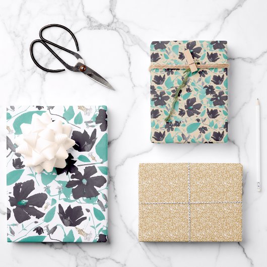 Feuille De Papier Cadeau Clématite Aquarelle Gris Sarcelle Floral