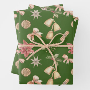 Feuille De Papier Cadeau Cloche de Noël aquarelle, Poinsettia Vert