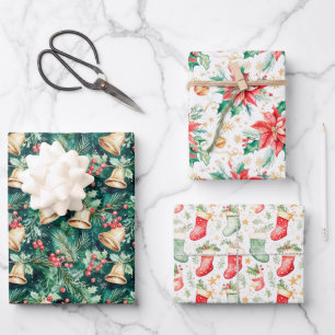 Feuille De Papier Cadeau Cloches de Noël, Poinsettias et Bas