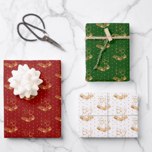 Feuille De Papier Cadeau Cloches de Noël sur Rouge, Vert et Blanc