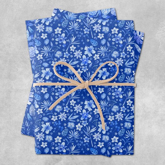 Feuille De Papier Cadeau Cobalt Blue Tropical Flowers and Leaves 3 Patterns