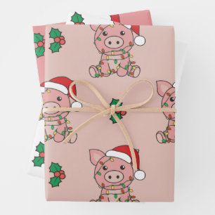 Feuille De Papier Cadeau Cochon Noël Animaux d'hiver Cochons de Noël
