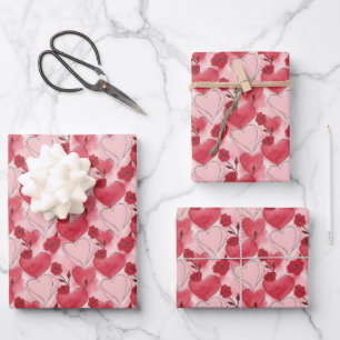 Feuille De Papier Cadeau Cœur et roses rouge cramoisi et rose tendre