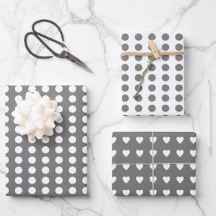 Feuille De Papier Cadeau Coeur Pois gris blanc