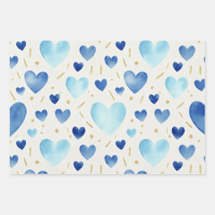 Feuille De Papier Cadeau Cœurs à paillettes dorées et aquarelle bleue