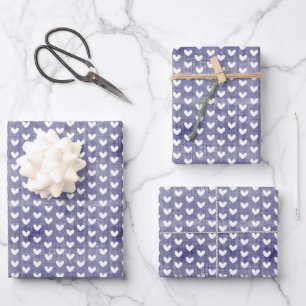 Feuille De Papier Cadeau Cœurs blancs sur lin bleu marine