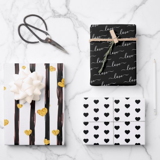 Feuille De Papier Cadeau Coeurs d'amour Noir & Or Valentines (Recto)