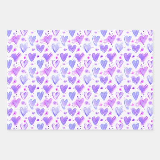 Feuille De Papier Cadeau Coeurs d'aquarelle passion violet (Devant)