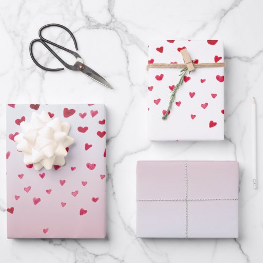 Feuille De Papier Cadeau Coeurs d'aquarelle rouge rose (Recto)