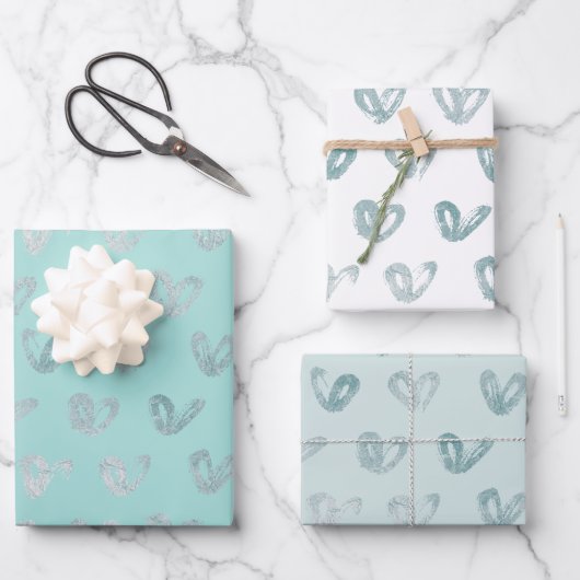 Feuille De Papier Cadeau Coeurs de menthe bleu (Recto)