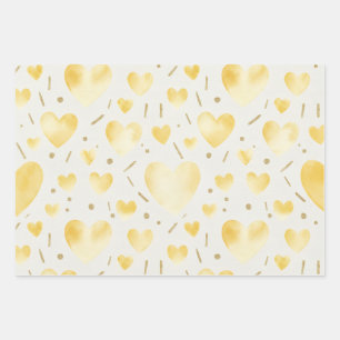 Feuille De Papier Cadeau Cœurs de peinture à l'eau et de paillettes jaune d