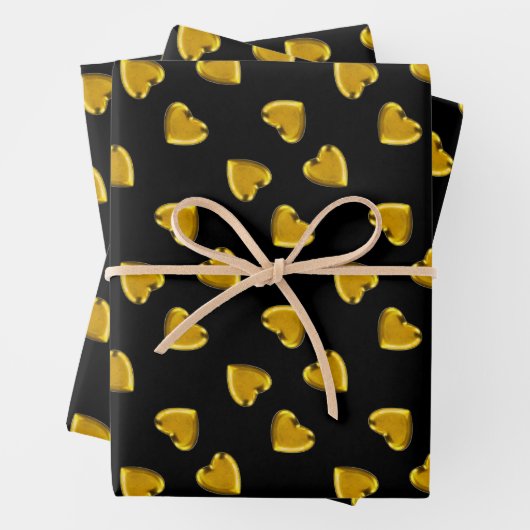 Feuille De Papier Cadeau Coeurs d'or gras motif noir (En situation)