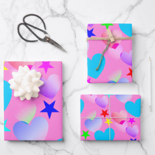 Feuille De Papier Cadeau Coeurs dorants colorés 'n Étoiles