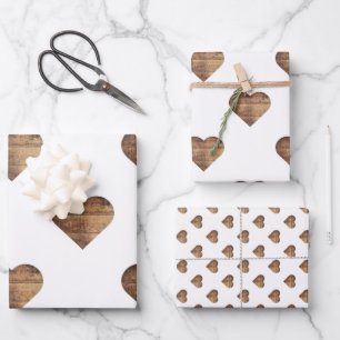 Feuille De Papier Cadeau Cœurs en bois bruns rustiques grands symétriques