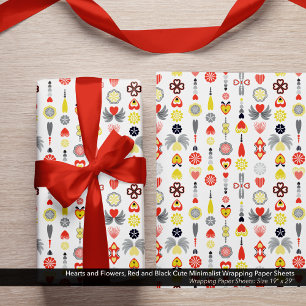 Feuille De Papier Cadeau Coeurs et Fleurs Rouge et Noir Cute Minimaliste