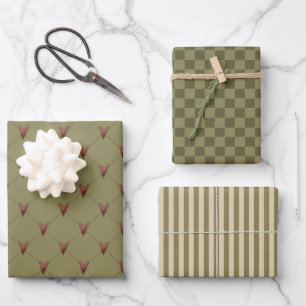 Feuille De Papier Cadeau Coeurs et rayures rustiques