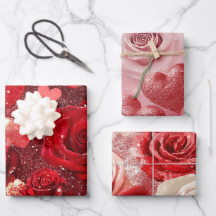 Feuille De Papier Cadeau Cœurs et roses pailletés rouges et roses pour la S