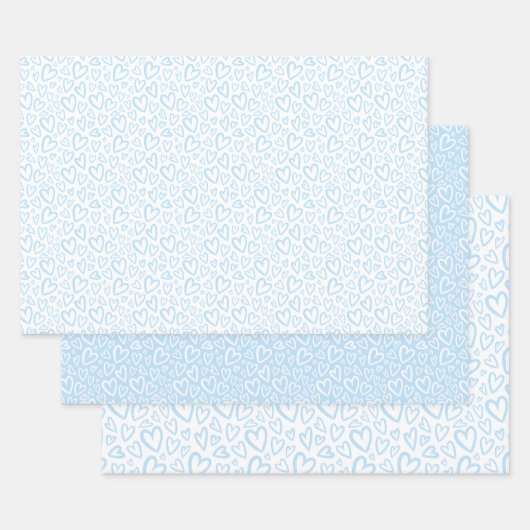 Feuille De Papier Cadeau Coeurs mignons tirés à la main Motif Bébé Bleu (Lot)