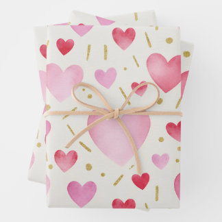 Feuille De Papier Cadeau Cœurs pailletés d'or et aquarelle rose