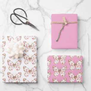 Feuille De Papier Cadeau Coeurs papillon rose blanc Anniversaire