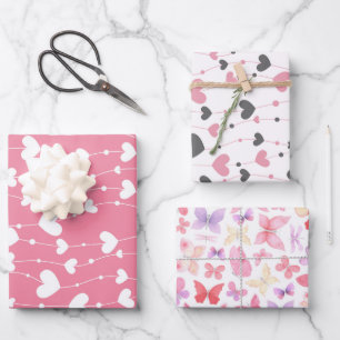 Feuille De Papier Cadeau Cœurs Papillons Rose Blanc Gris