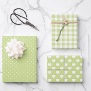 FEUILLE DE PAPIER CADEAU COEURS PASTEL VERT & BLANC CHÈQUES POIS