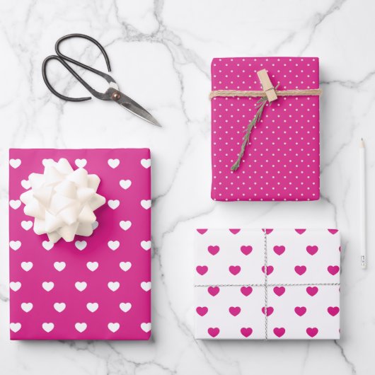 Feuille De Papier Cadeau Cœurs Rose Chaud Et Points (Recto)
